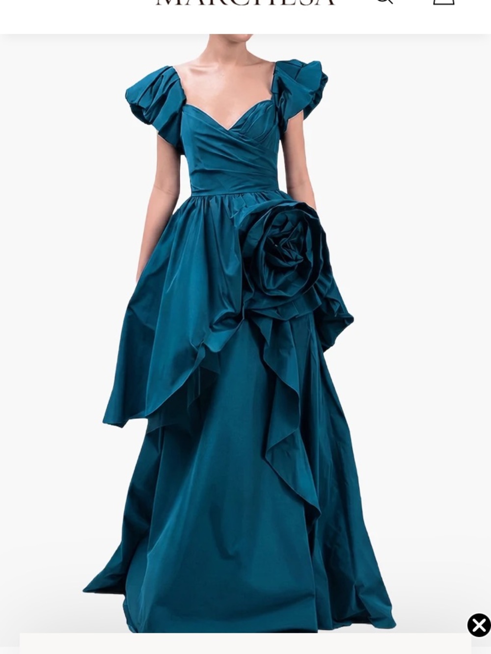 Marchesa Teal Gown with Sculpted Rosette and Puff Sleeves
